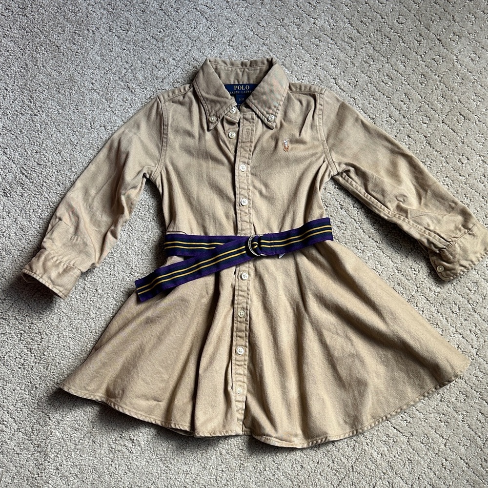 Toddler Girls Button Down Polo Dress with Belt, Size 3/3T